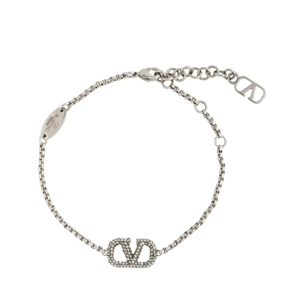 VALENTINO Silver Chain Bracelet  SWAROVSKI CRYSTALS Logo Charm, MADE IN ITALY